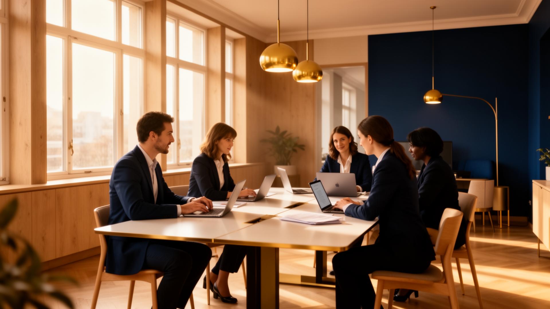 A warm, modern Scandinavian office where professionals collaborate
