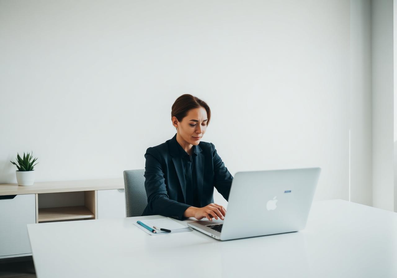 Person uploading a CV on a laptop in a bright modern office