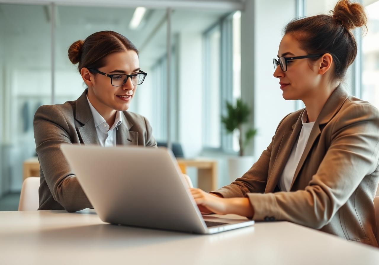 Two professionals reviewing CV feedback together on a laptop