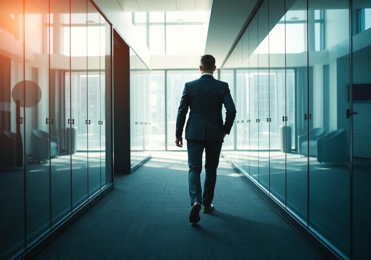 Professional walking through a sunlit modern office corridor